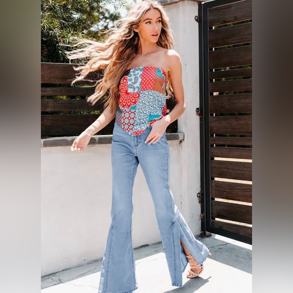 Wide Leg Split Hem Flared Jeans - Picture 2 of 7